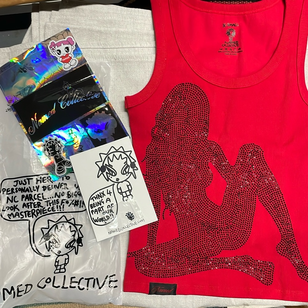 EXPLICIT RHINESTONE RIBBED TANK RED, Named Collective.